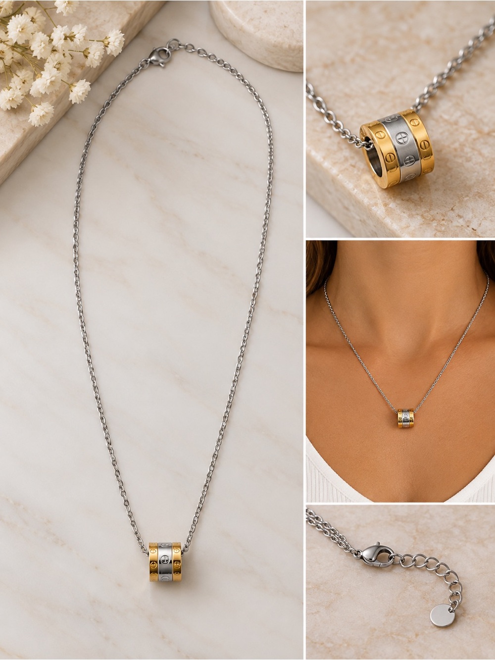 Two-Tone Stainless Steel Pendant Necklace